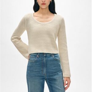 WHITE + WARREN Cotton Knit Tape Fluted Sleeve Sweater Top Ecru Small $325